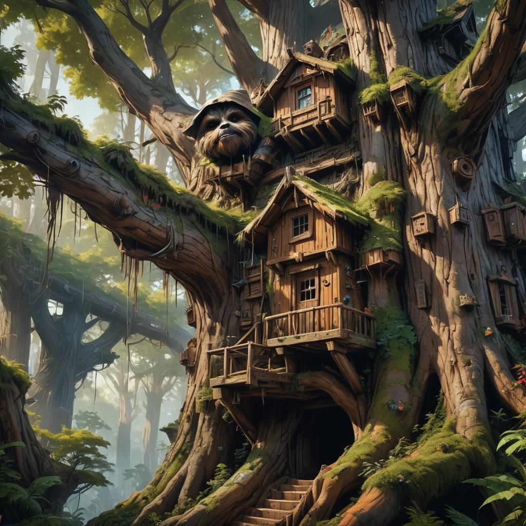 Ewok Tree Village: Hyperrealistic Concept Art