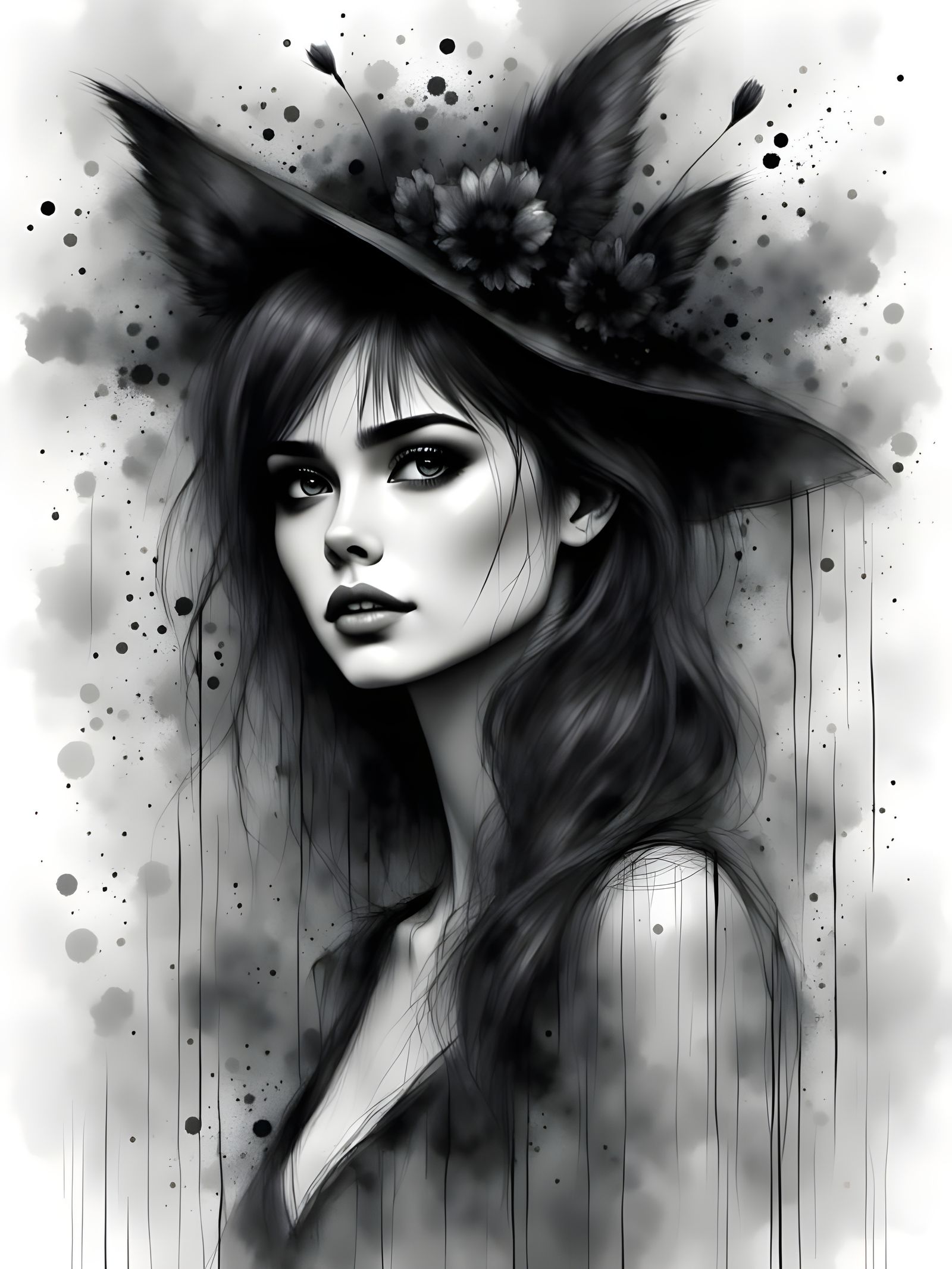 Enchanting Black and White Charcoal Portrait of a Fantasy St...