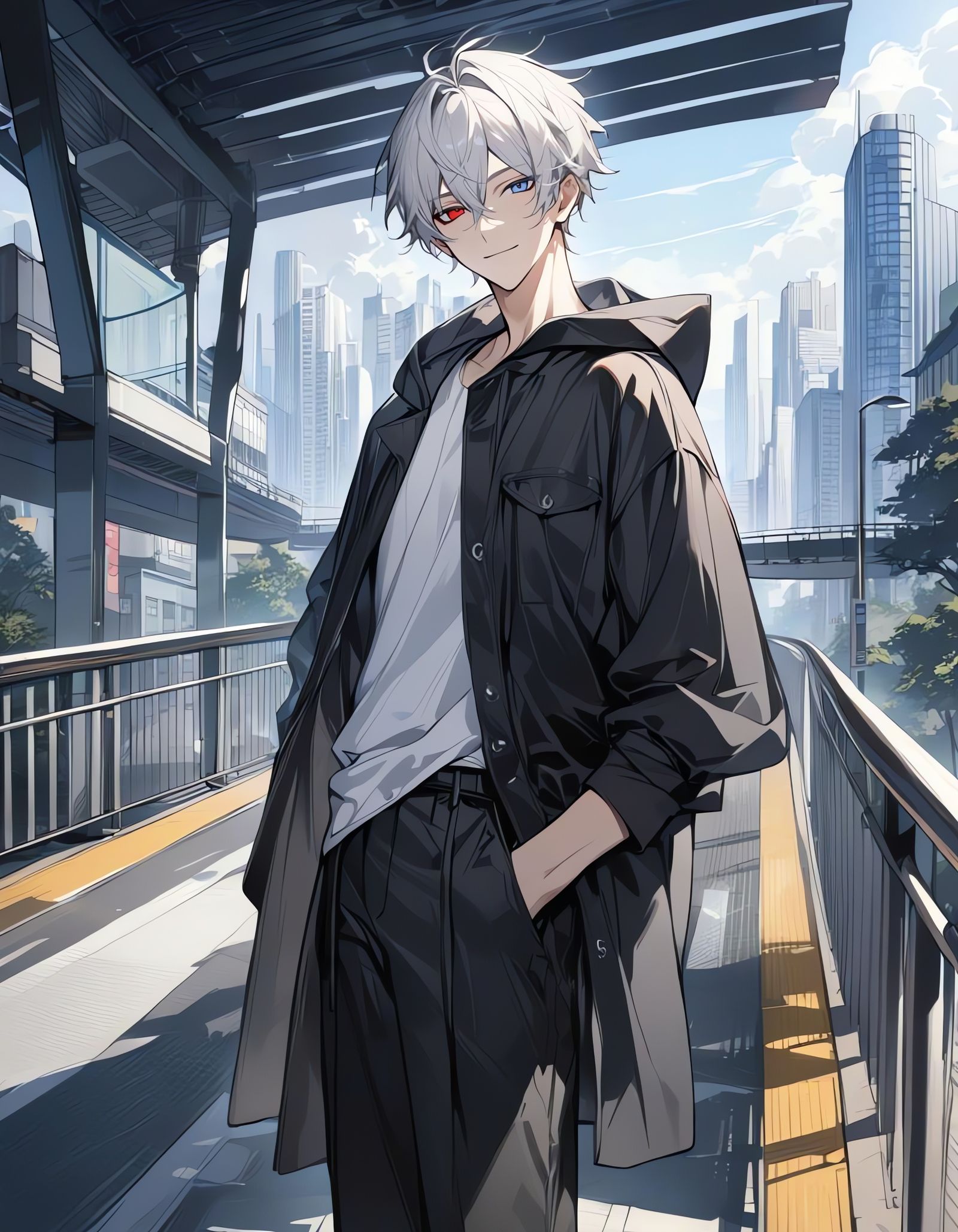 Bishounen with Heterochromia in Cityscape