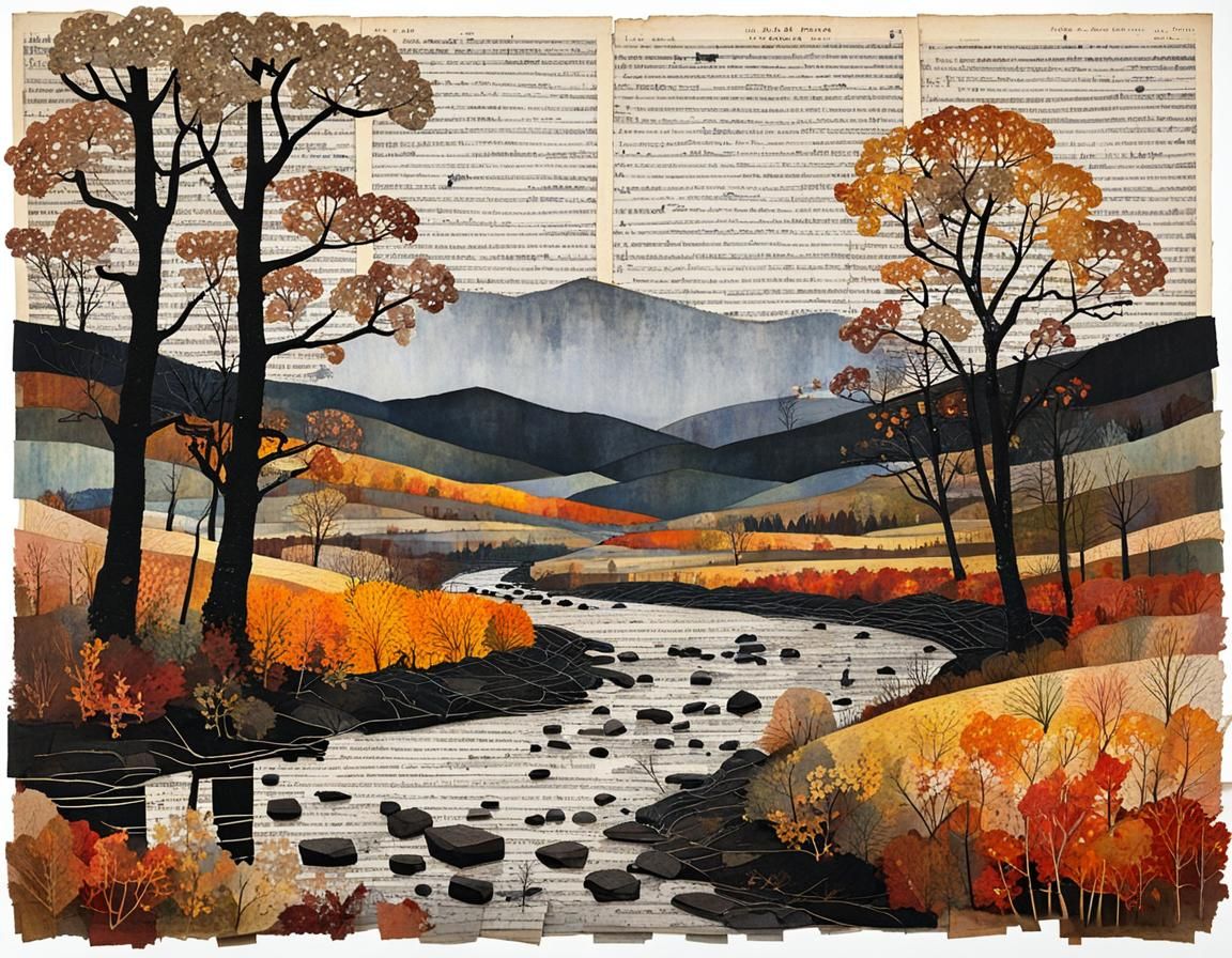 Autumn Landscape Shines After Rain: Mixed Media Collage