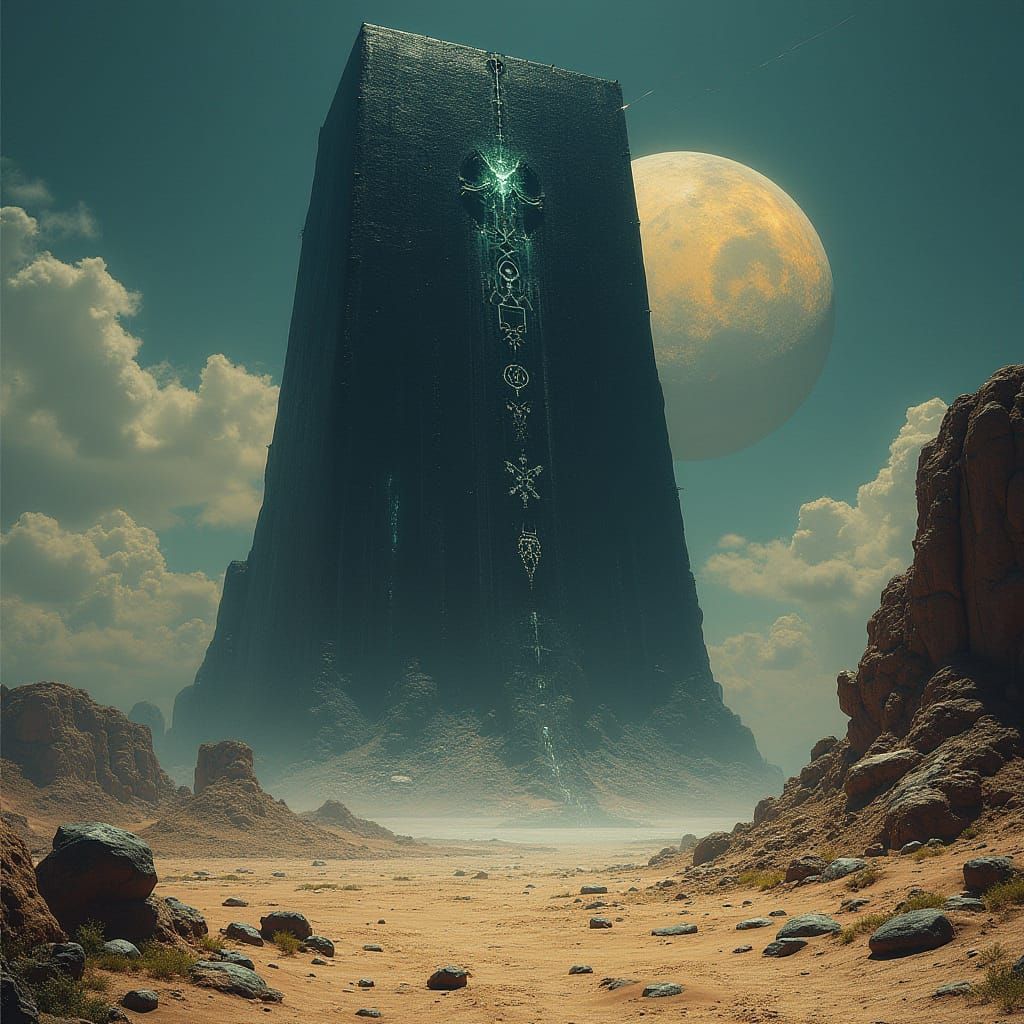 Obsidian Monolith in Alien Desert: Surreal Biomechanical Hor...