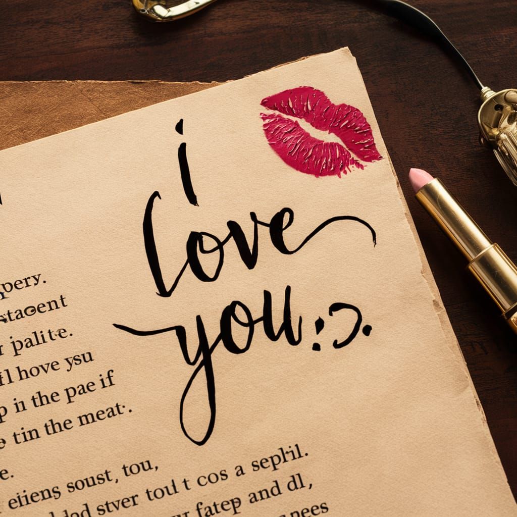 Calligraphic Love Note with Lipstick Kiss