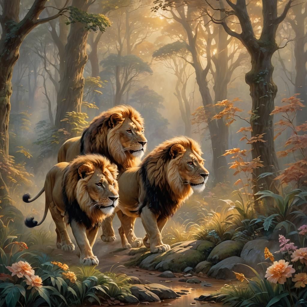 Regal Lions in Misty Forest: Ethereal Fantasy Art