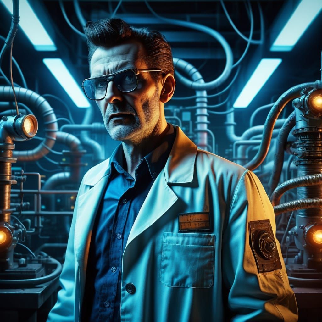 Mad Scientist Stands Before Retro-Futuristic Machine