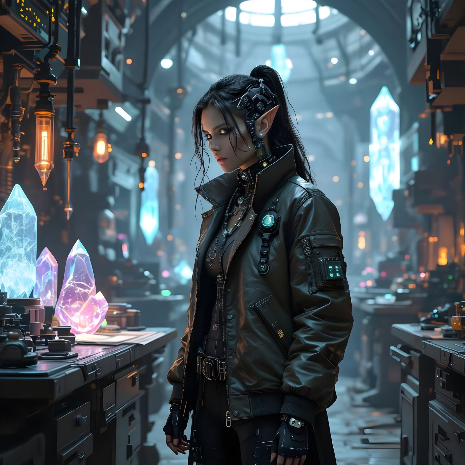 Cyberpunk Elf Artificer in High-Tech Workshop