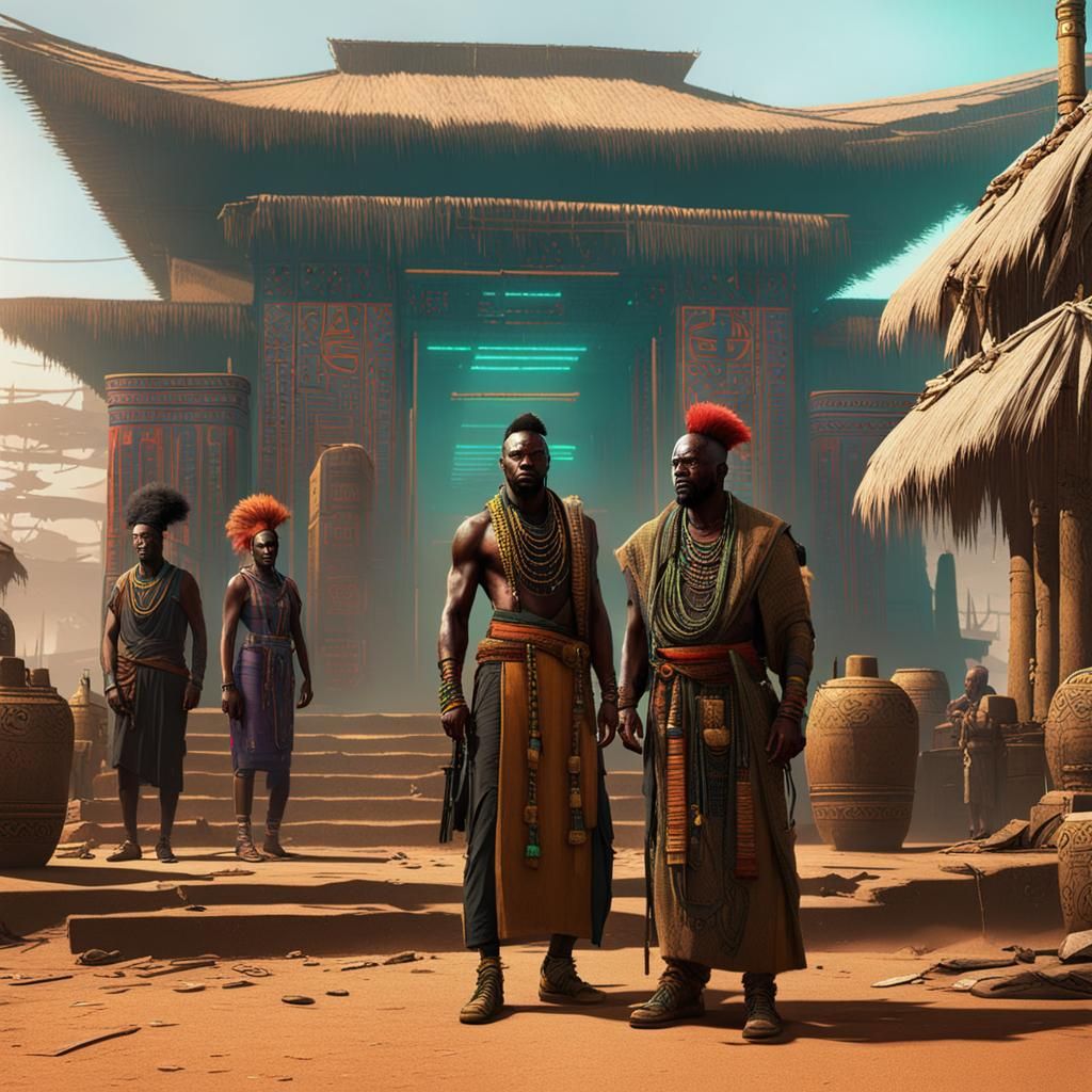 Cyberpunk African Chiefs Outside Village Temple