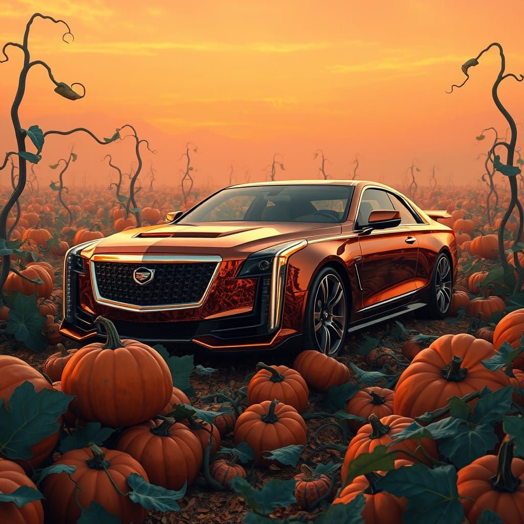 Golden Cadillac Amidst Whimsical Pumpkin Patch