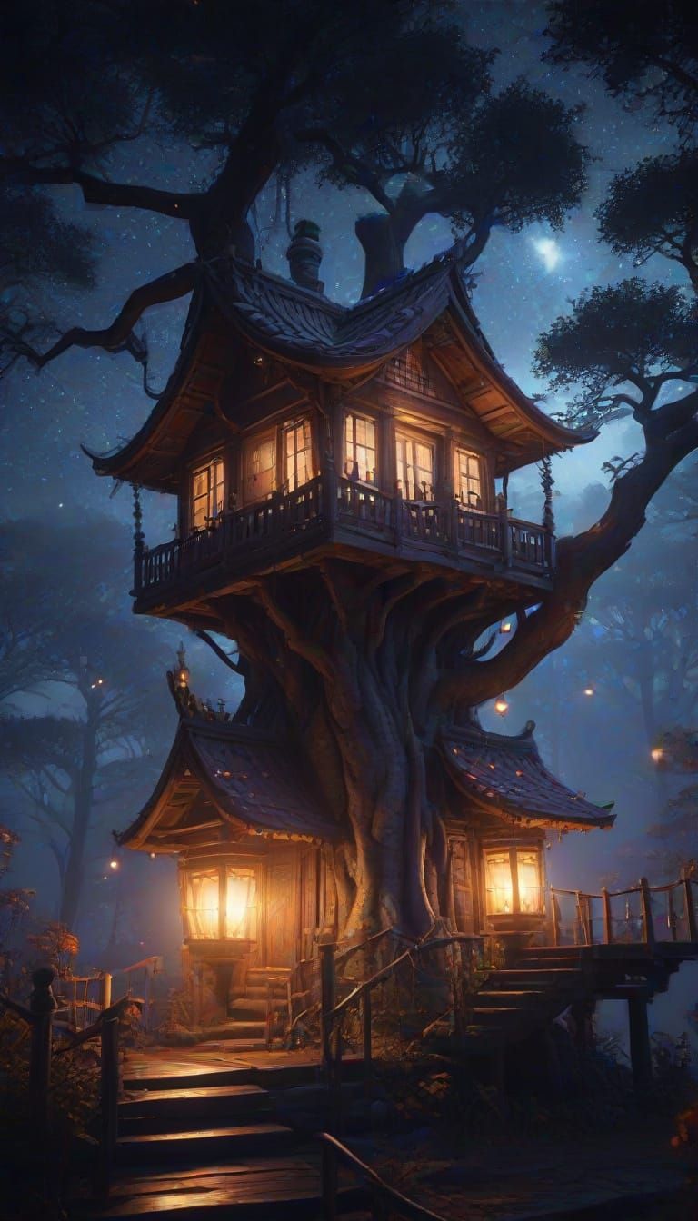 Ethereal Pinehouse Amidst Snowy Treehouses Under the Milky W...