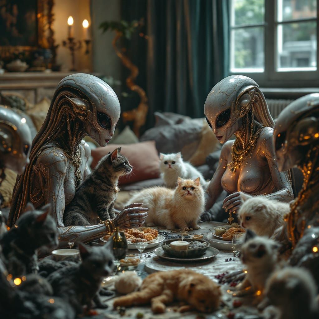 Hyperrealistic Photo of Aliens and Humans in City Home