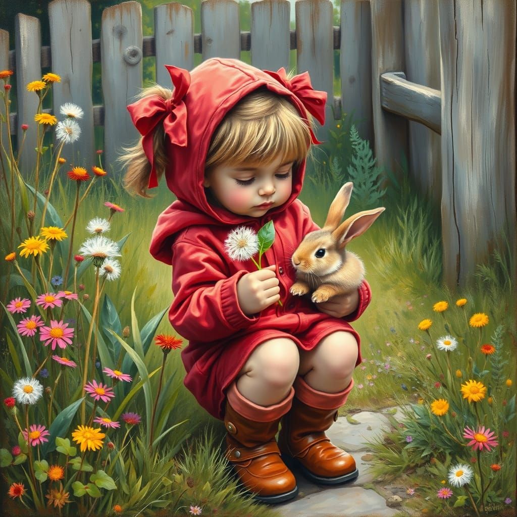 Whimsical Oil Painting of a Girl Feeding Her Rabbit in a Vib...