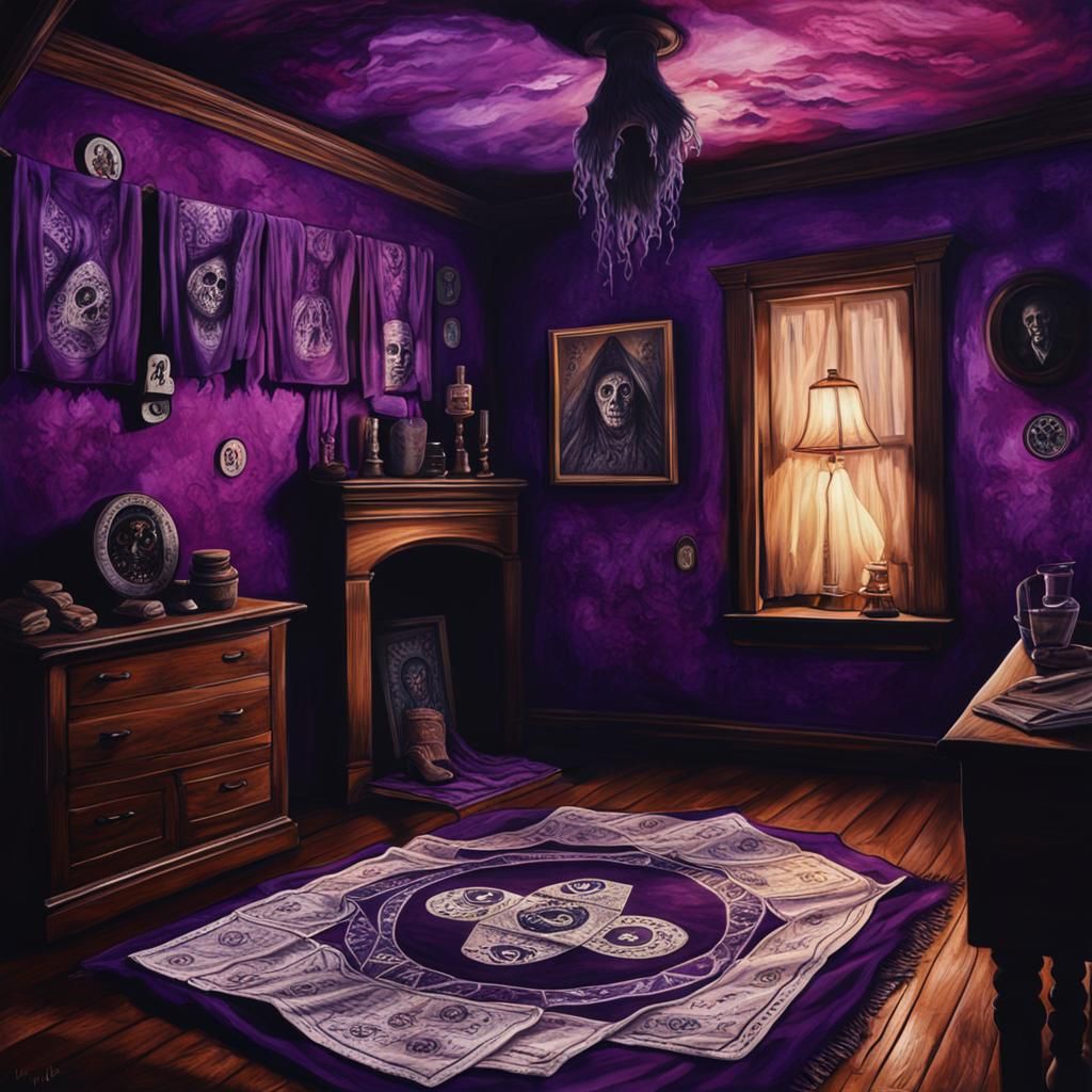 Photorealistic Poltergeist Seance in Hellish Purple Room