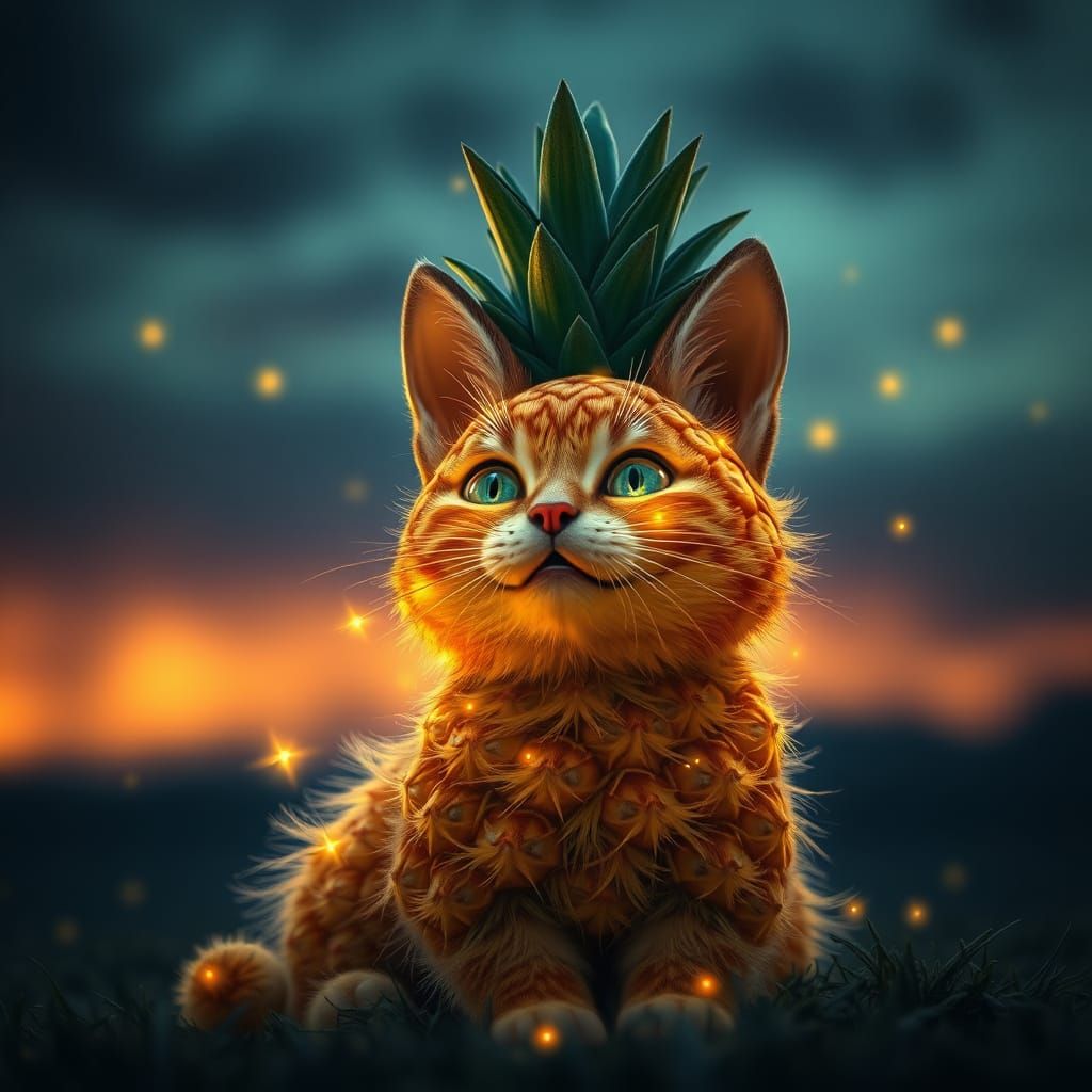 Surreal Happy Little Pineapple Cat with Shimmering Fireflies