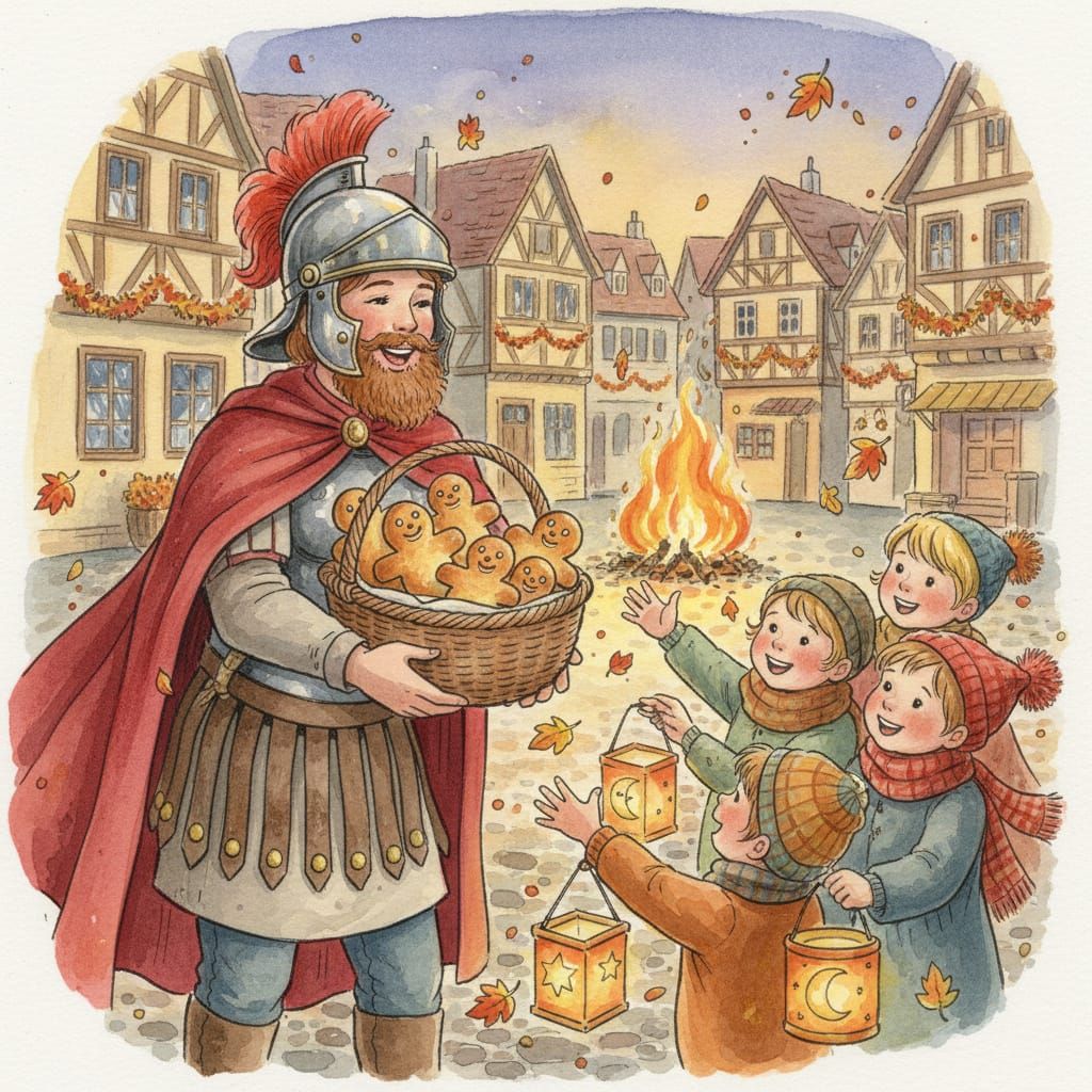 Saint Martin's Festival Watercolor: Sweet Bread and Lanterns