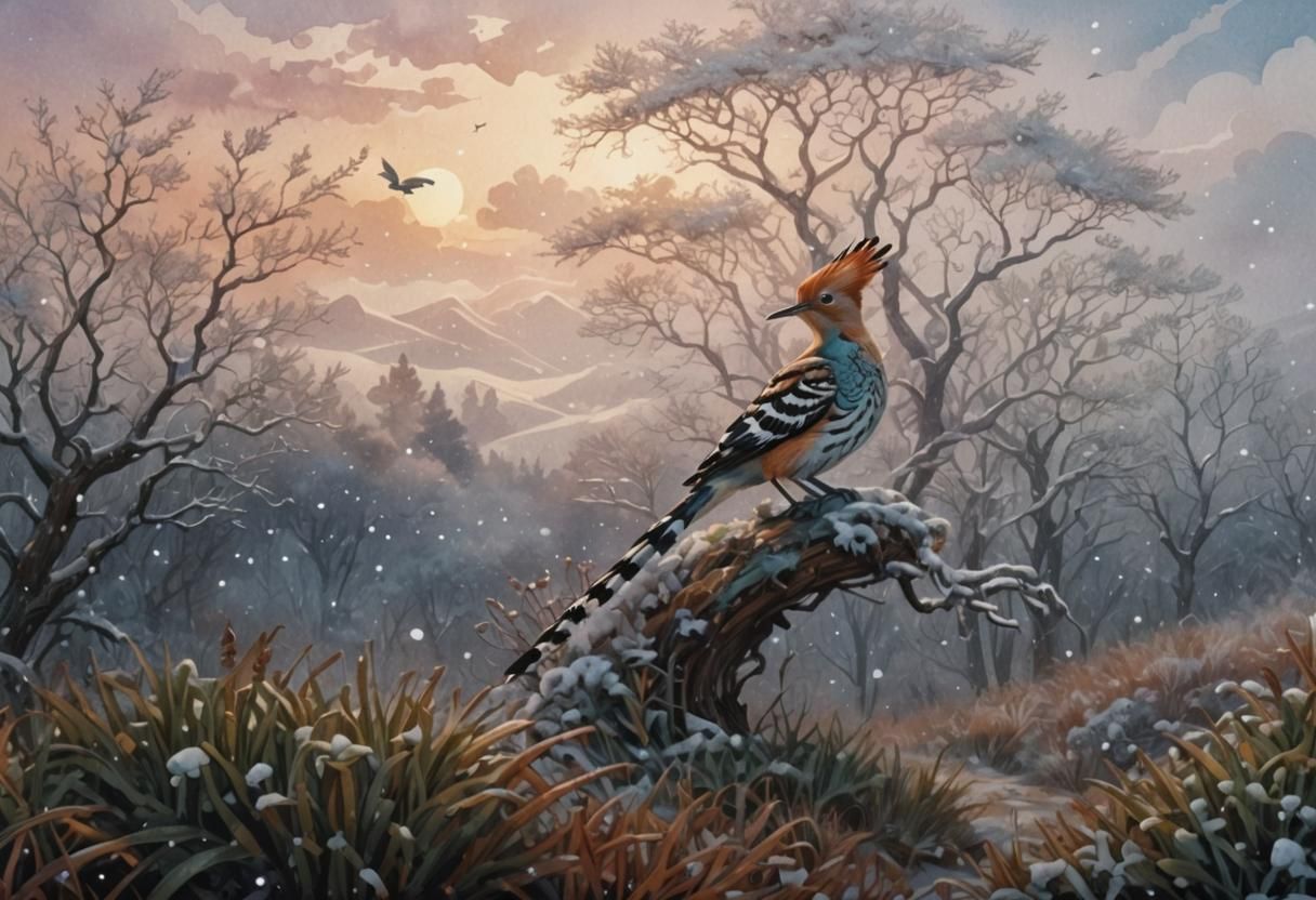 Hoopoe Bird in Comic Book Art with Watercolor Plants