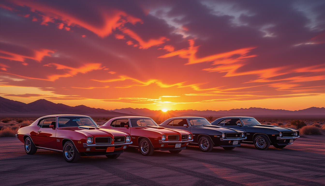 Vintage Muscle Cars on Desert Highway at Sunset