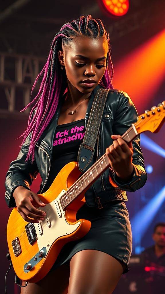 Woman with Braided Hair Playing Guitar, Hyperdetailed Portra...