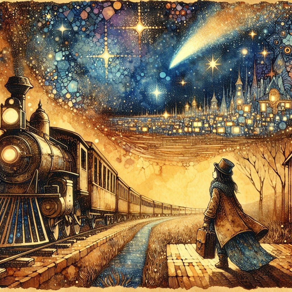 Whimsical Steampunk Landscape Under Starry Night Sky