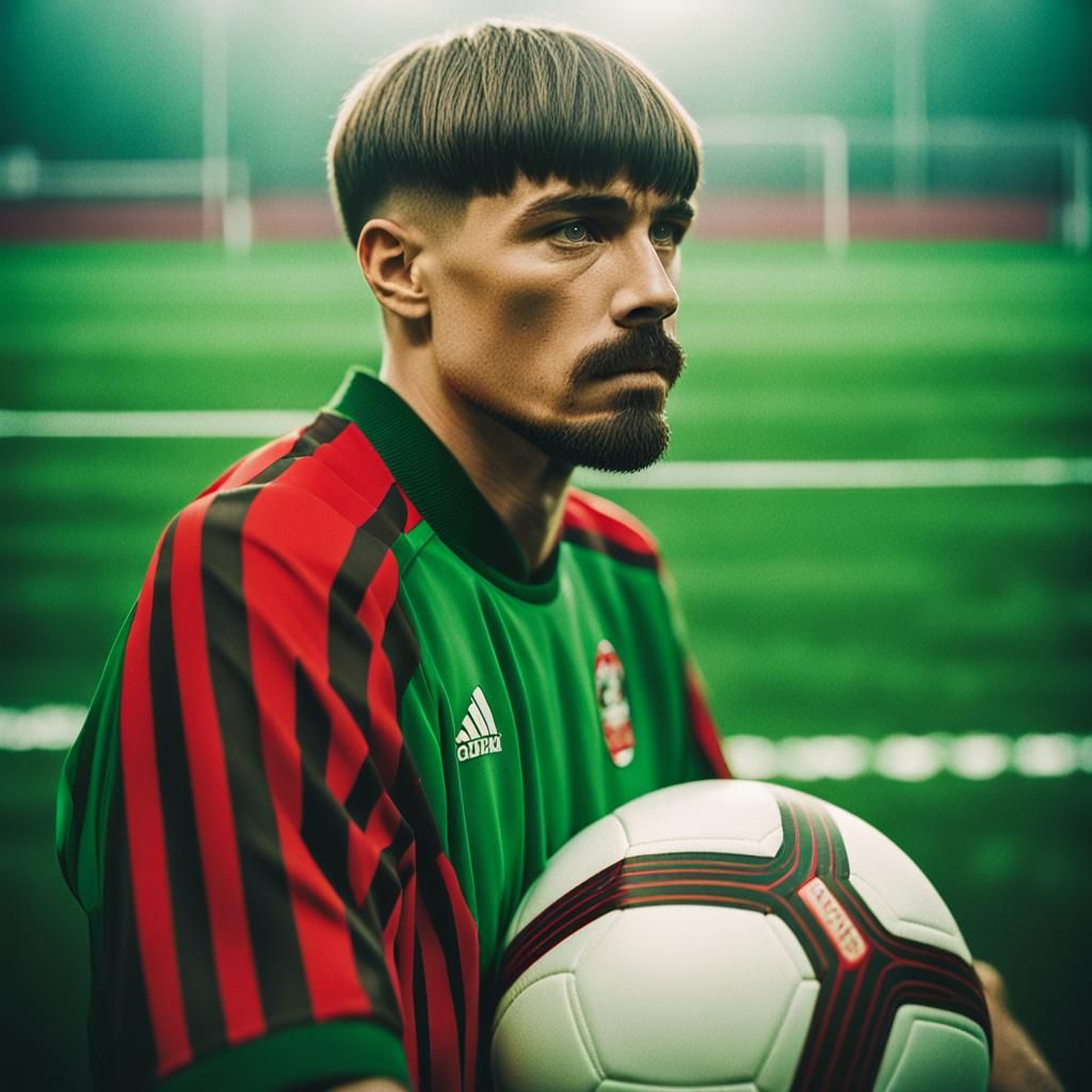 Soccer Player with Mushroom Haircut, Cinematic Still