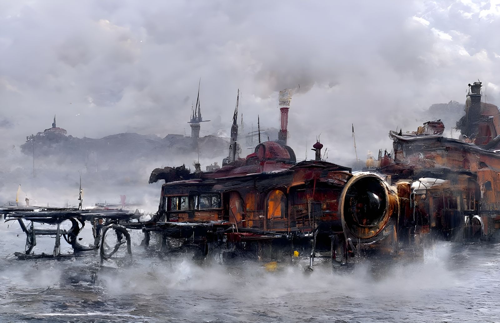 Black Ferry on Bosphorus: Steampunk Watercolour Illustration