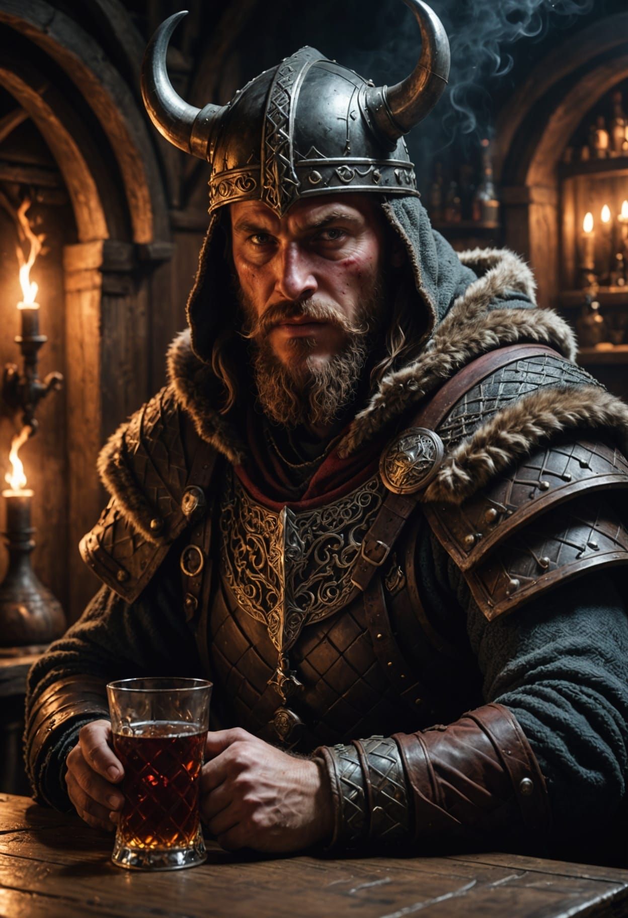 Viking Lord in Dark Tavern, Glowing Eyes