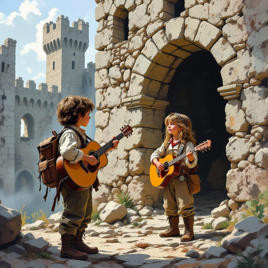 Explorers Discover Castle Ruins in Mystical Scene