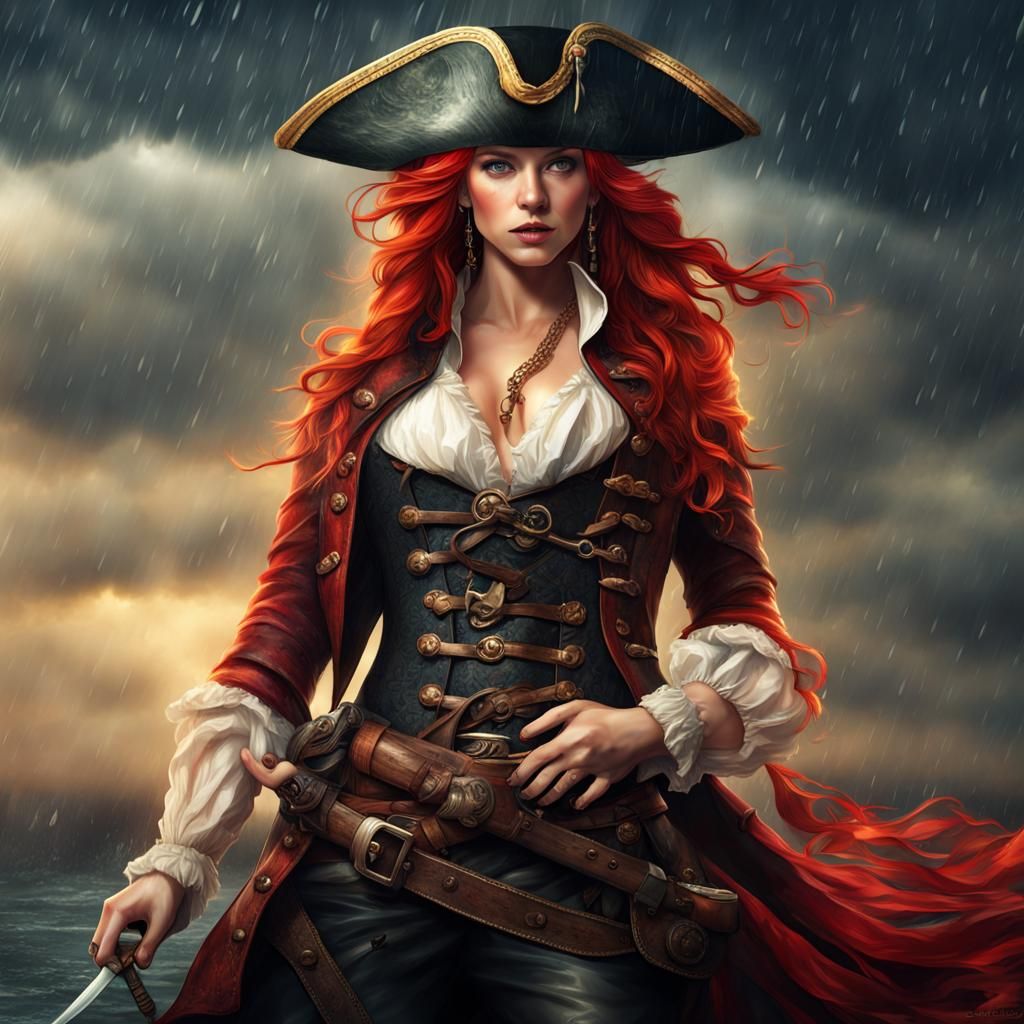 Majestic Red-Haired Pirate Woman in Rain