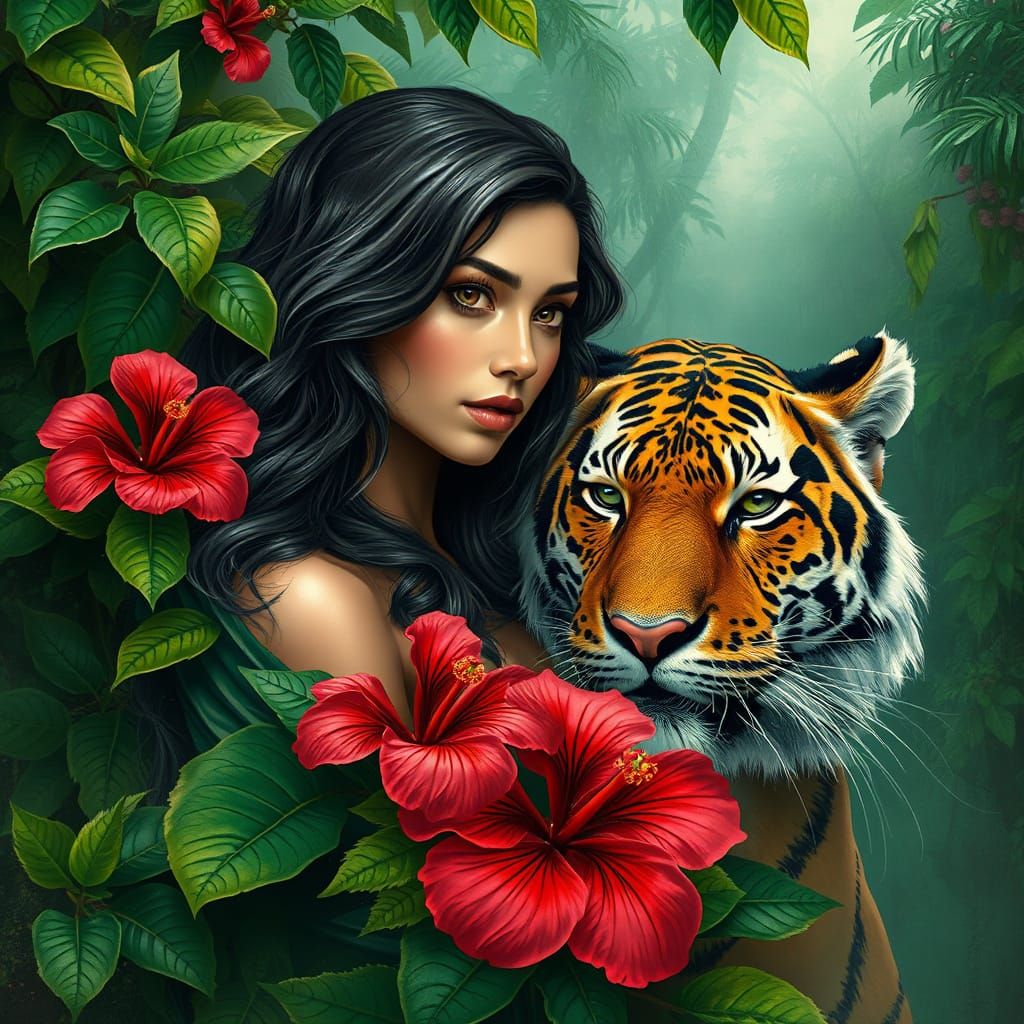 Ethereal Amazonian Goddess with Tiger in Lush Forest