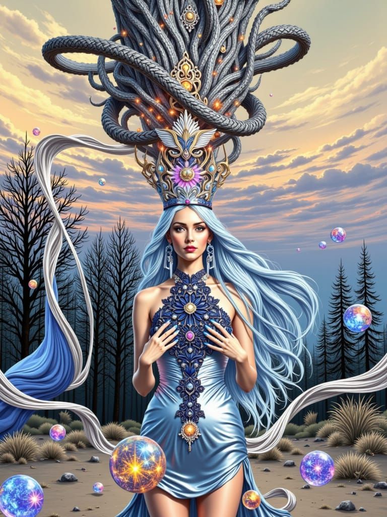 Goddess of November in Silver Amidst Leafless Trees