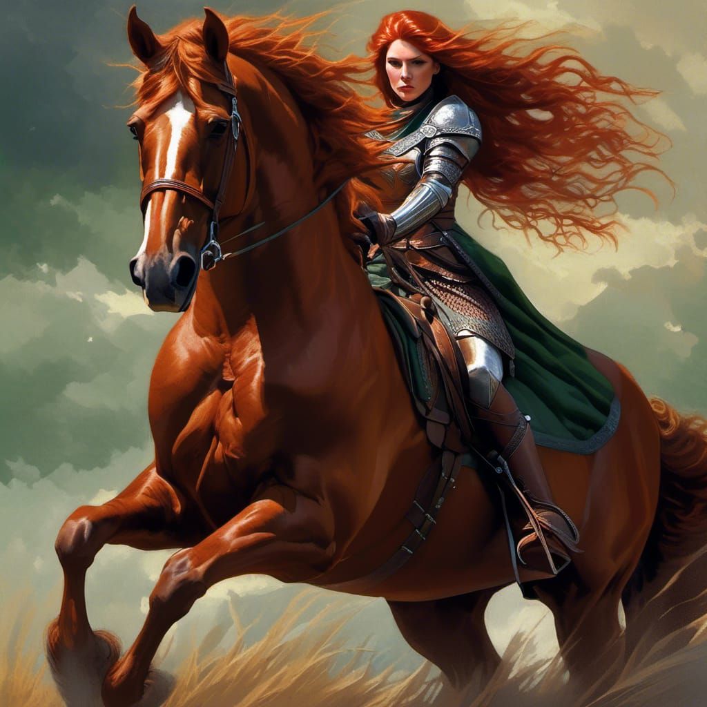 Redhead Warrioress Rides Brown Draft Horse