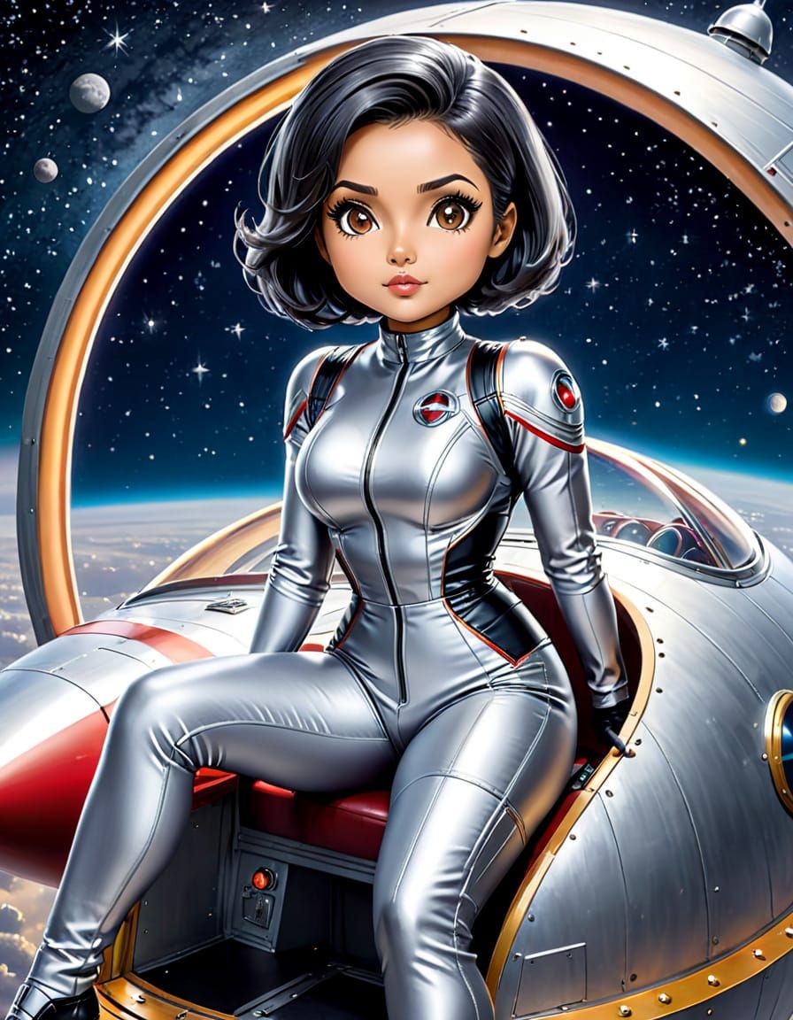 Chibi Woman Rides Retro Rocket Ship in Space