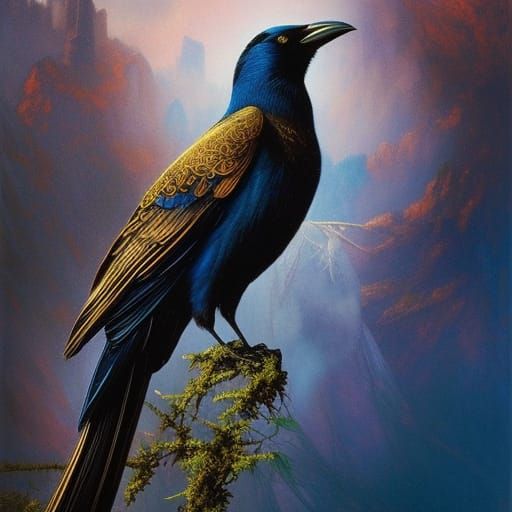 Blue 3D Crow with Jeweled Crown