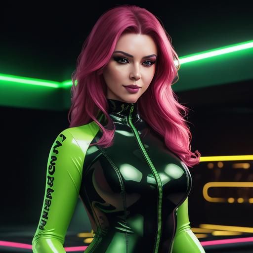 Smirking Woman in Green Bodysuit, Hyperrealistic Casino Art