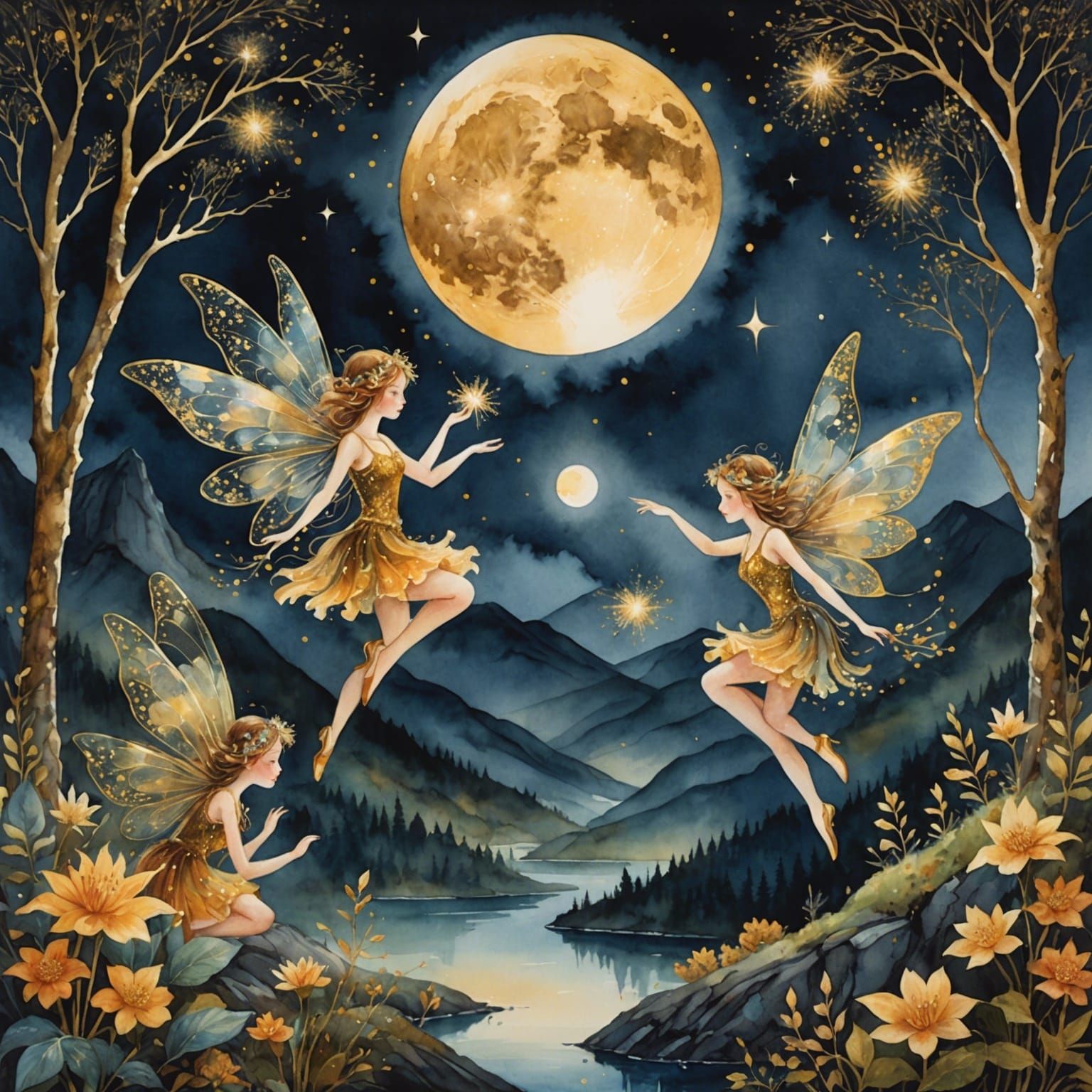 Magical Fairies in Moonlit Mountains Watercolor Painting