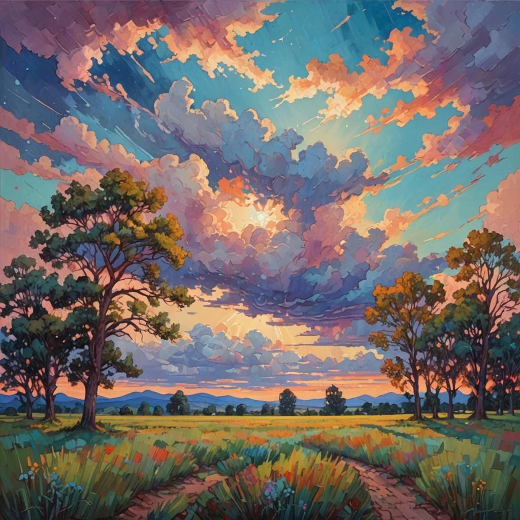 Colorful Impressionist Field Under Starry Sky