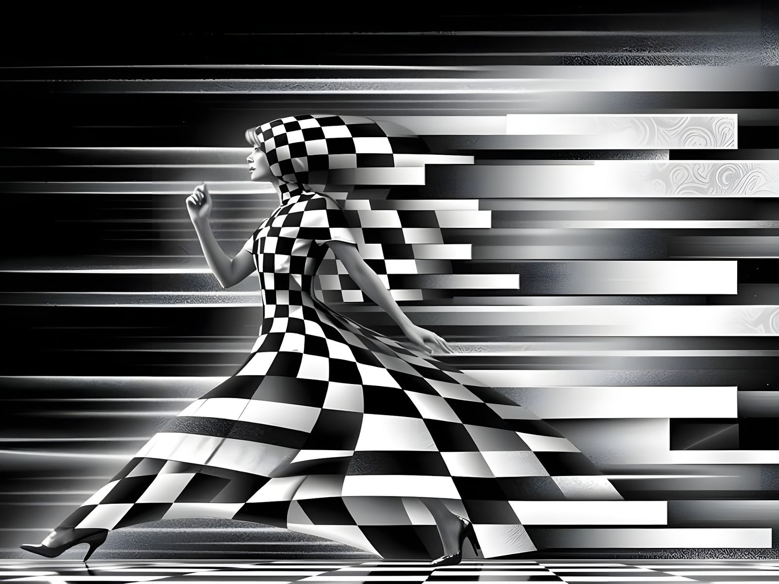 Woman in Monochrome Checkered Dress Walking in a Blur