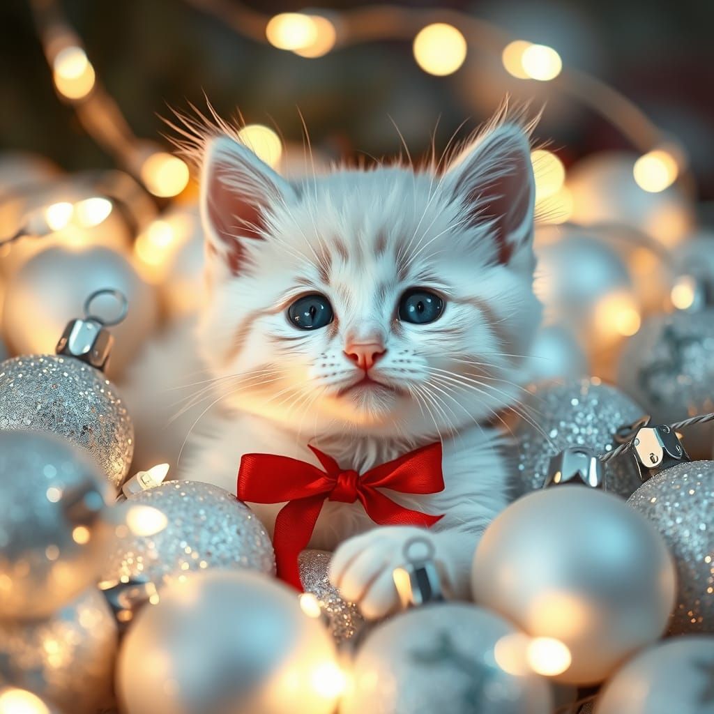 Kitten in Christmas Ornaments, Hyperrealistic Style