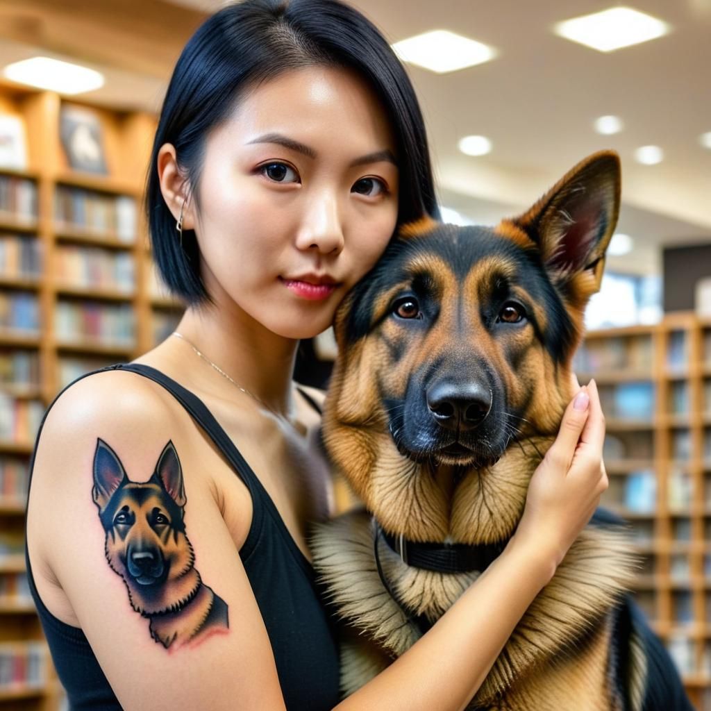 Woman Shows German Shepherd Tattoo in Bookstore