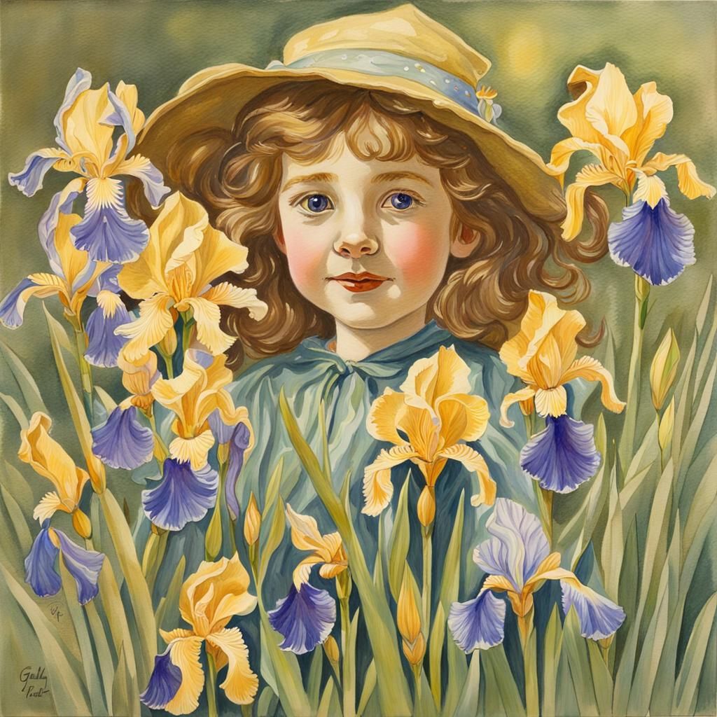 Glorious Golden Iris Blooms in Whimsical Watercolor Style