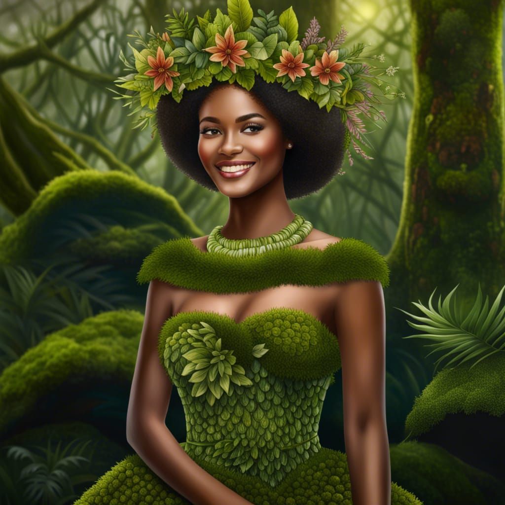 Melanesian Forest Queen with Moss Dress, Photorealistic