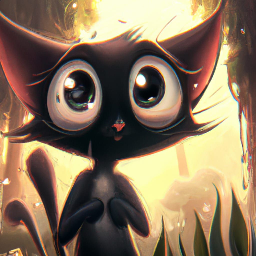 Black Cat in Fairy Forest, Cartoon Illustration