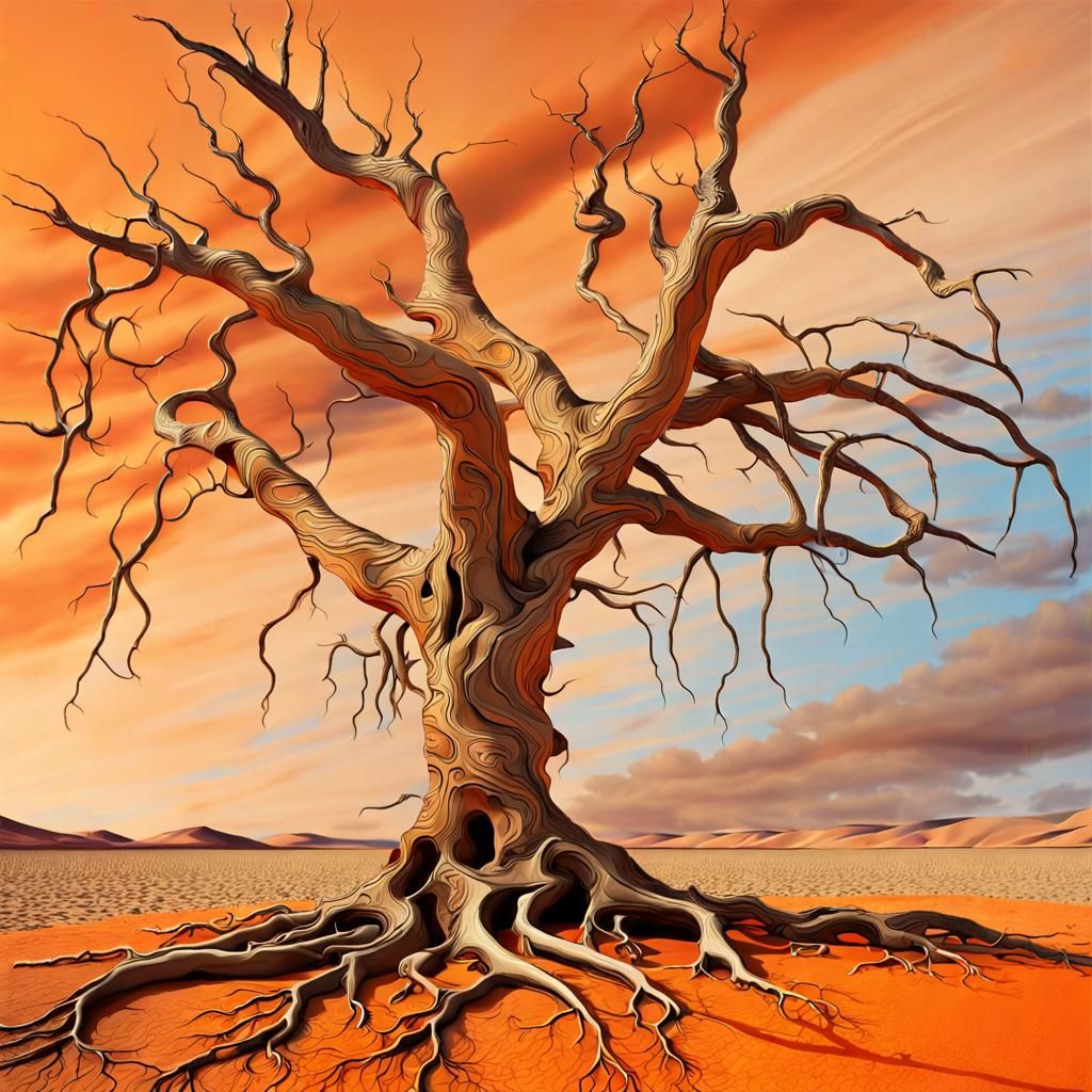 Surreal Dreamscape: Desolate Tree in Barren Landscape