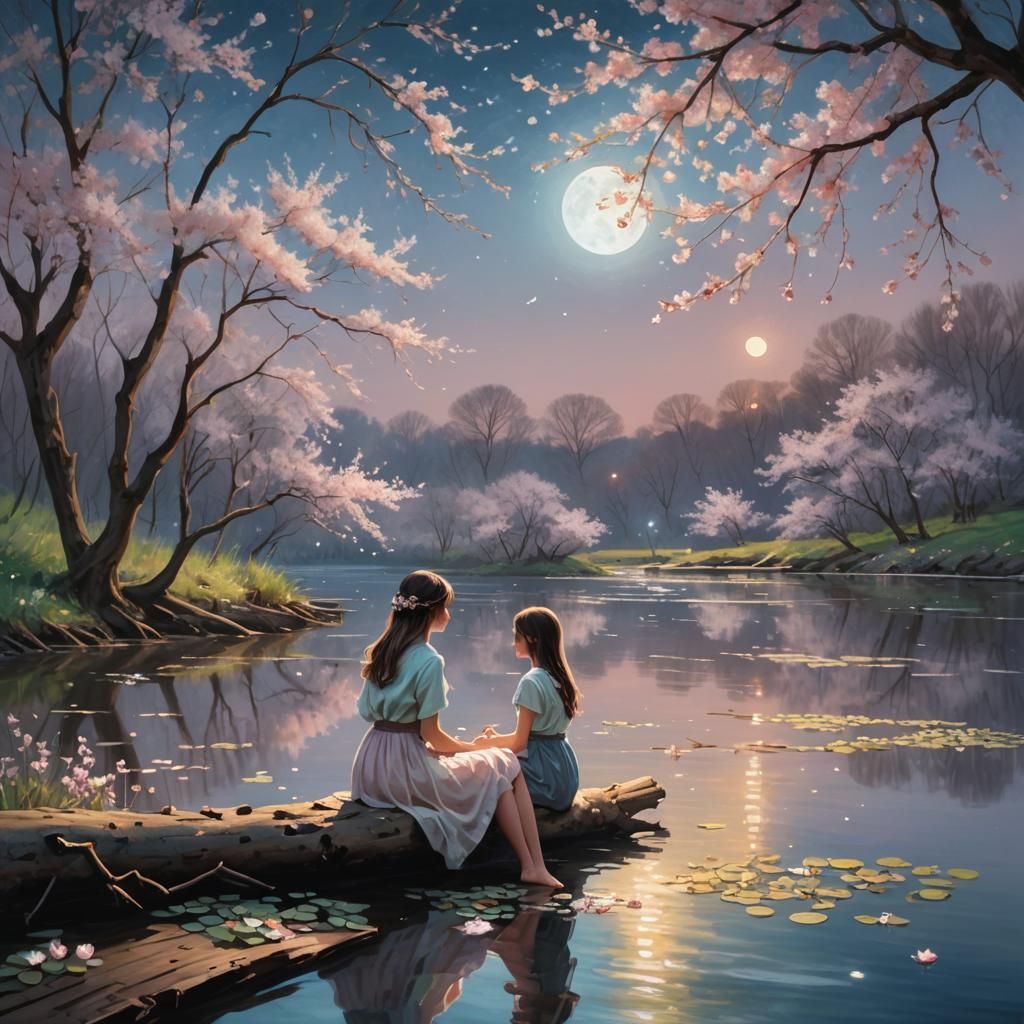 Dreamy Moonlit River Scene with Cherry Blossoms