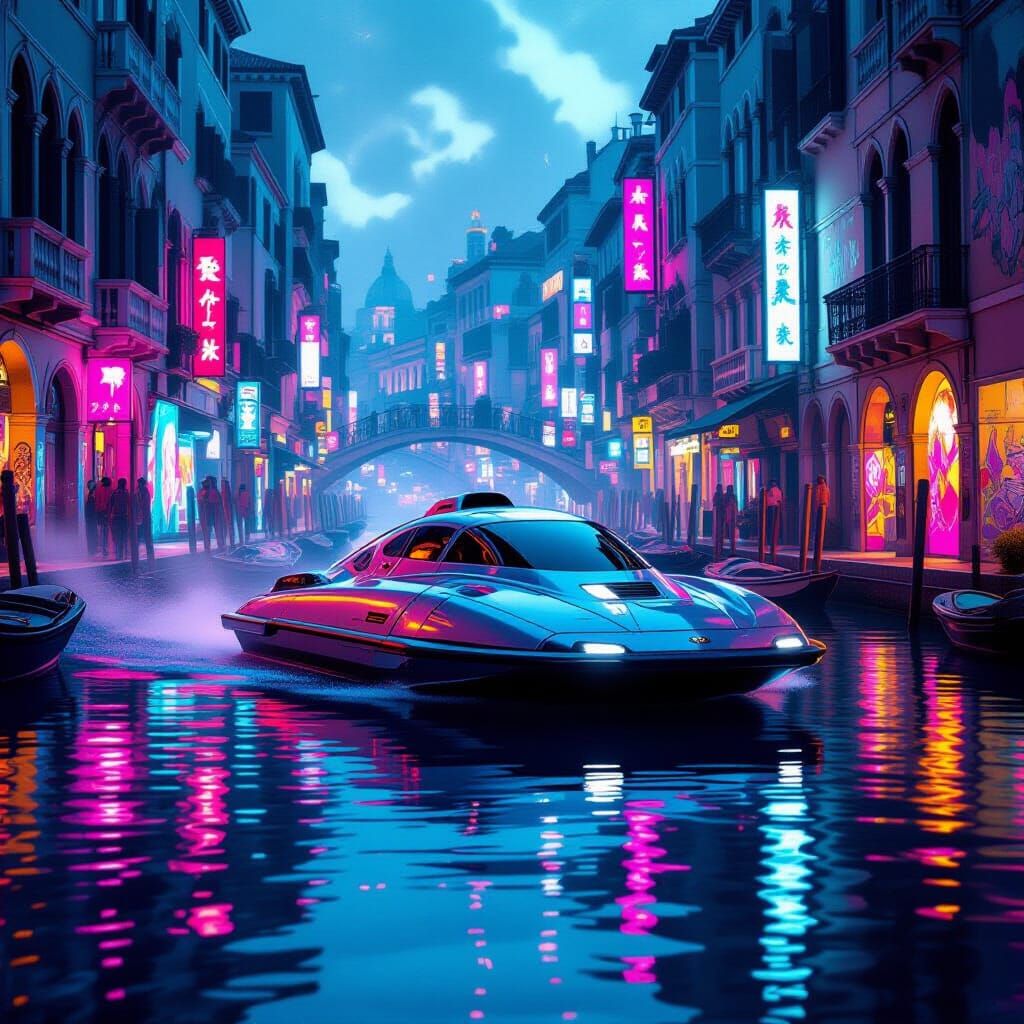 Futuristic Venice: Hovercraft in Neon Canal, Cyberpunk Style