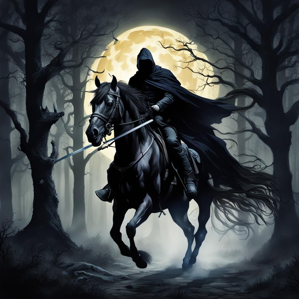 Headless Horseman Rides in Dark Mystical Forest