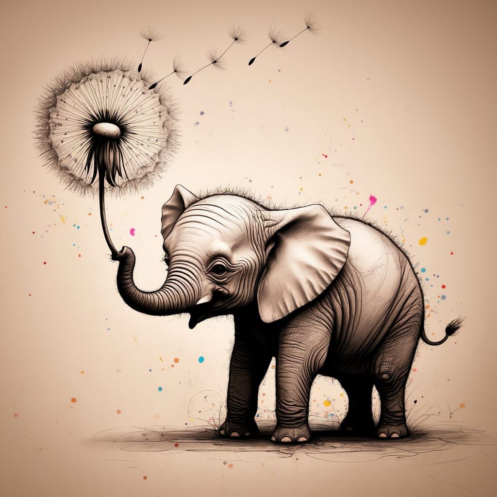 Whimsical Baby Elephant in Charcoal Drawing