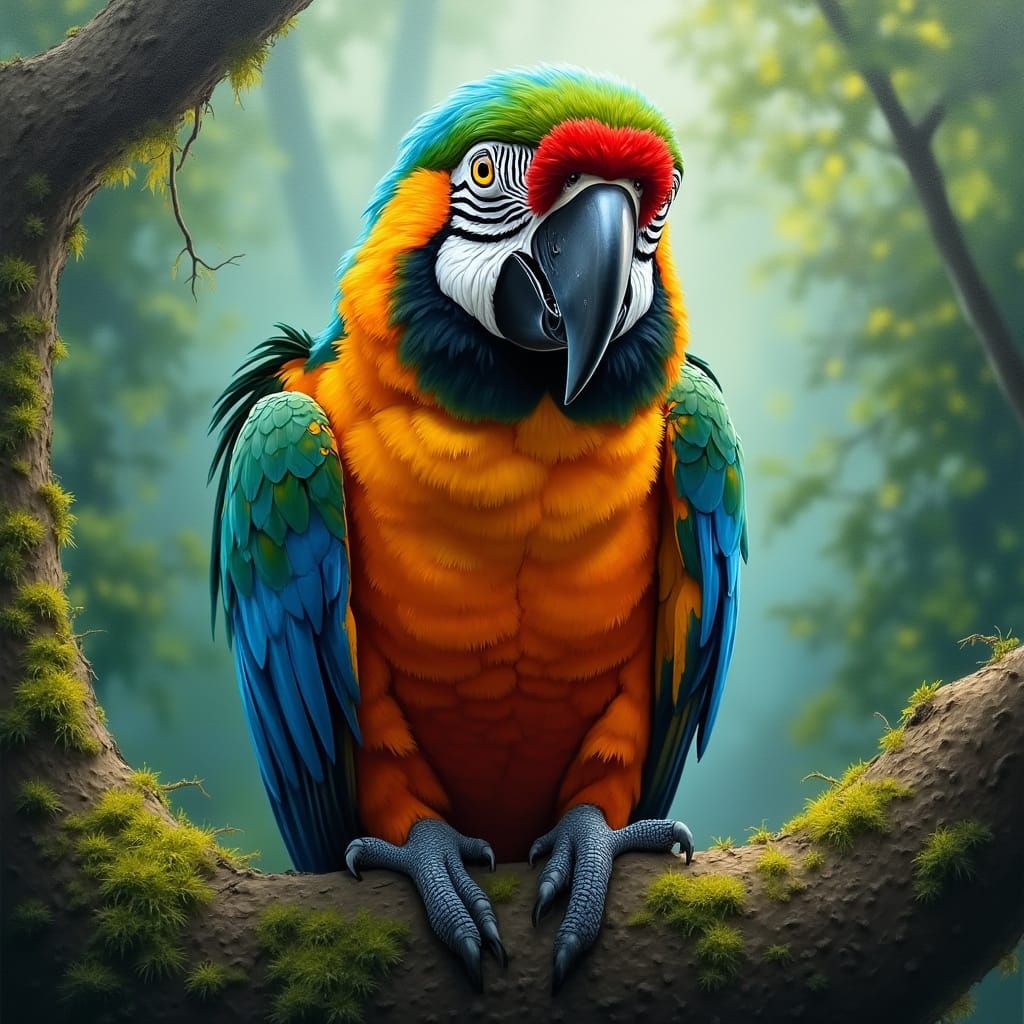 Vibrant Parrot on a Moss-Covered Branch in a Rainforest