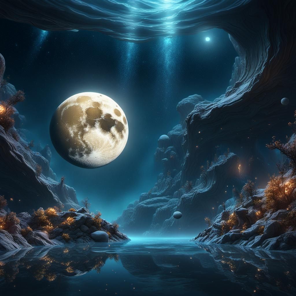 Moon Underwater with Marble Galaxy: Digital Matte Painting