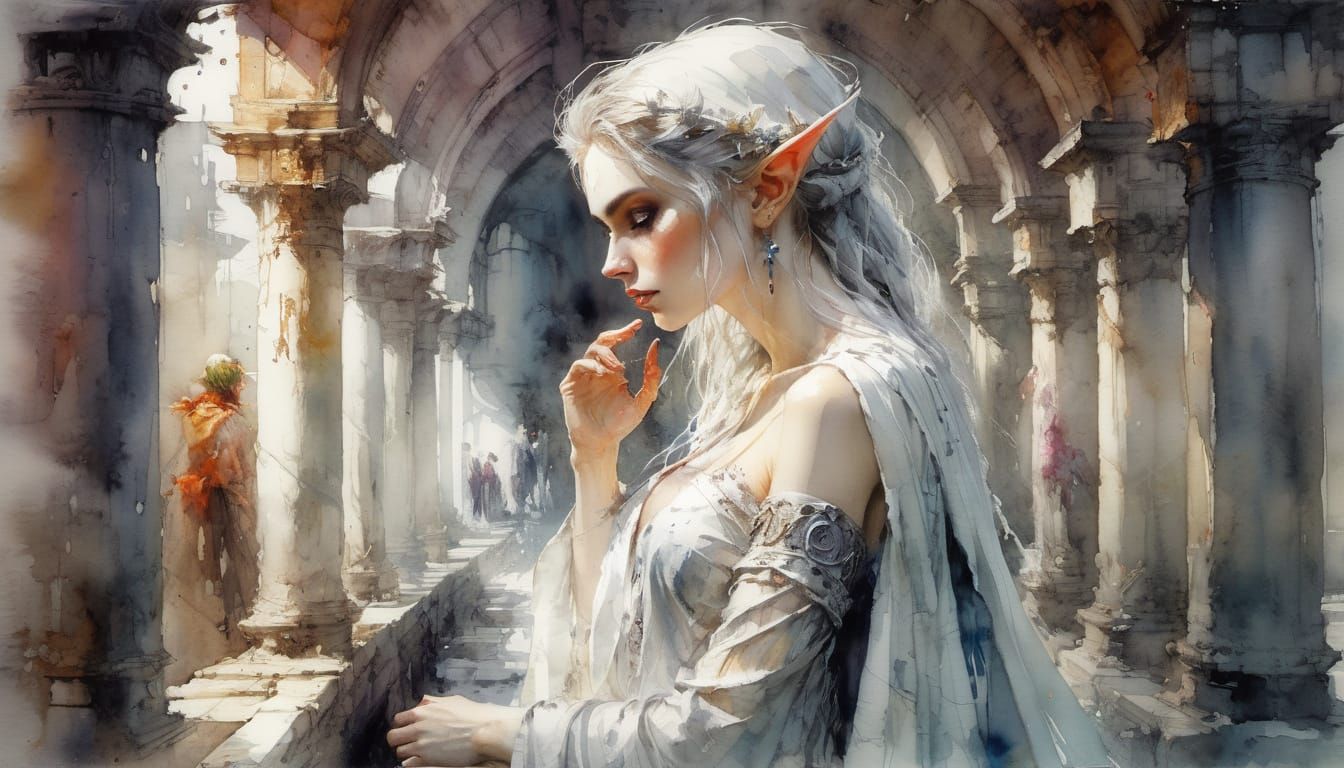 Gothic Elf Woman in Detailed Watercolor Painting