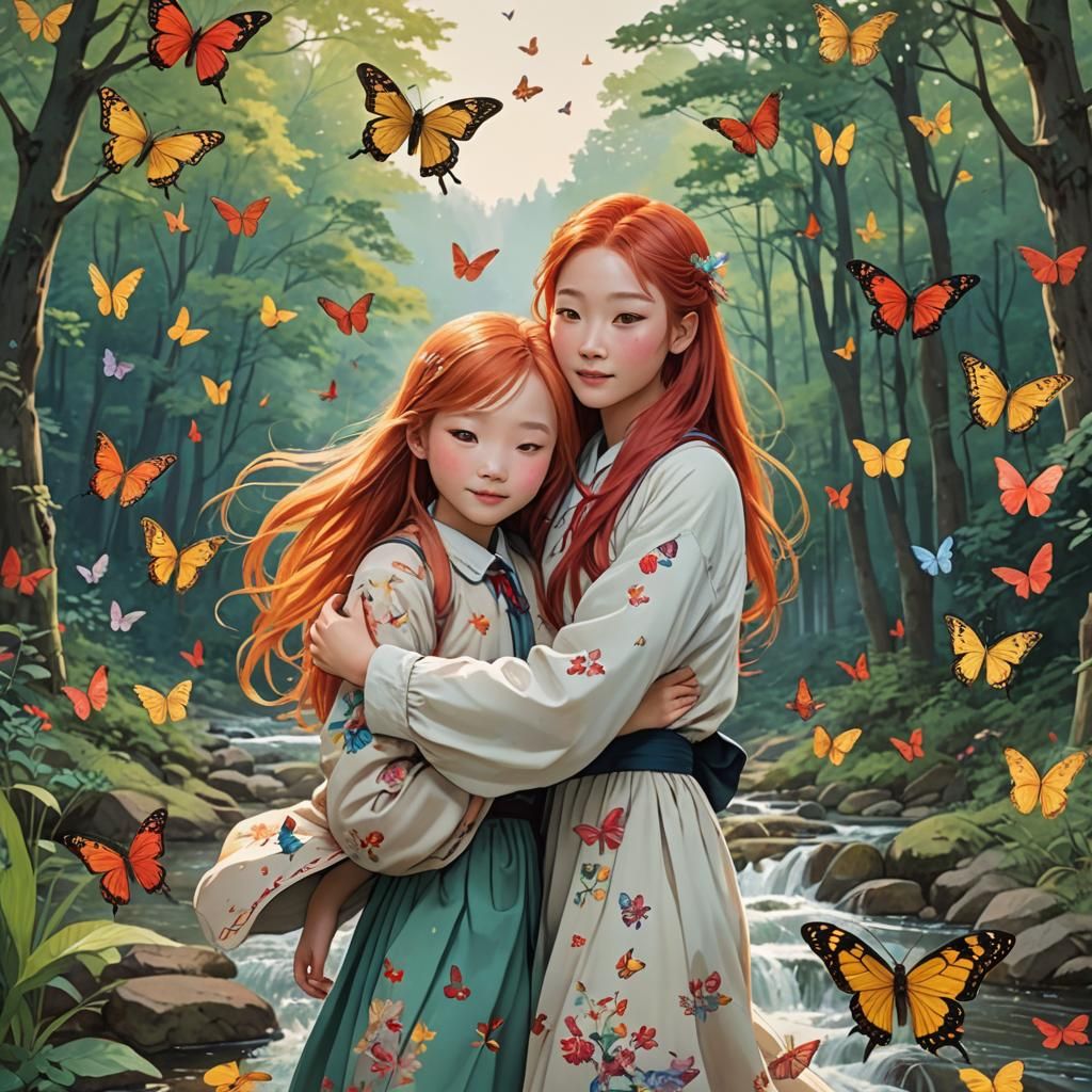 Emotional Farewell: Girls Embrace in Forest Scene