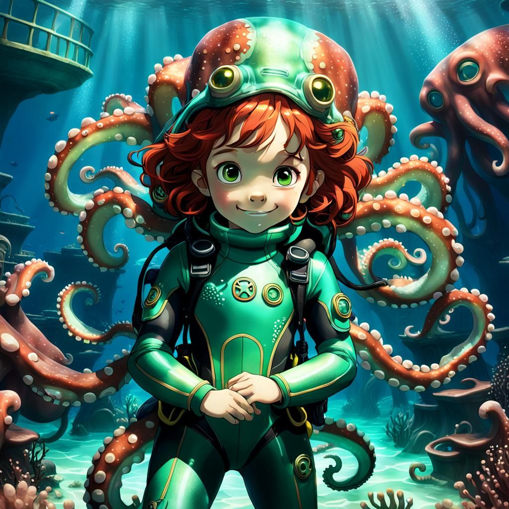 Anime Girl and Octopus in Sunken Titanic